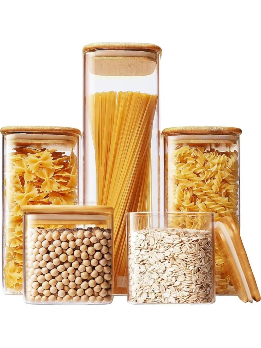 Square Glass Storage Jars with Bamboo Lids - Airtight Canisters for Kitchen